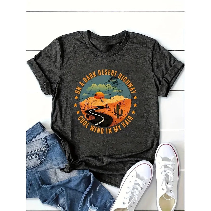 Women Retro Desert Highway T-Shirt Funny Nature Graphic Tee Casual Short Sleeve Tee Tops CJ US