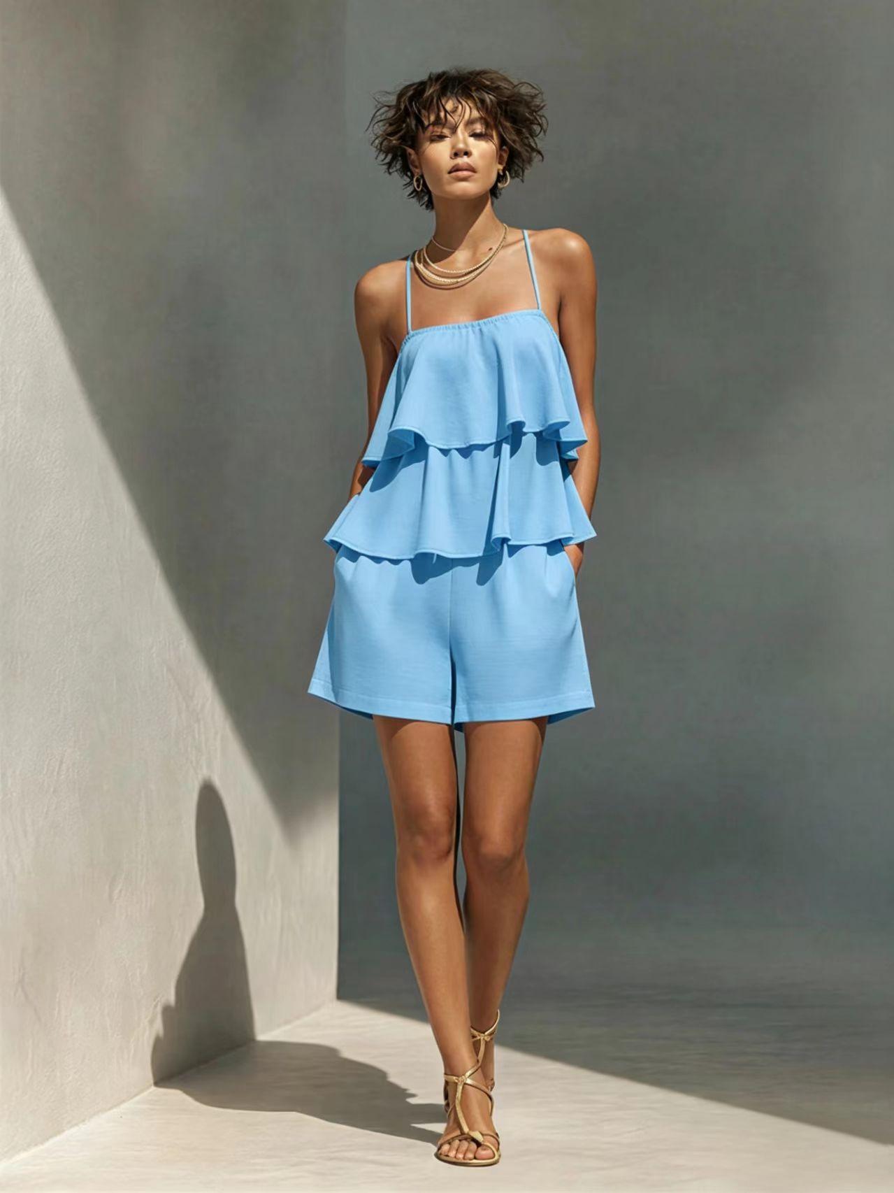 Multi-layer Ruffle Loose Camisole And Shorts Set 