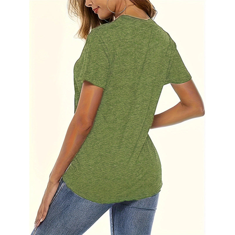 Women's V-Neck Dragonfly & Letter Print Short Sleeve T-Shirt Casual Summer Top CJ