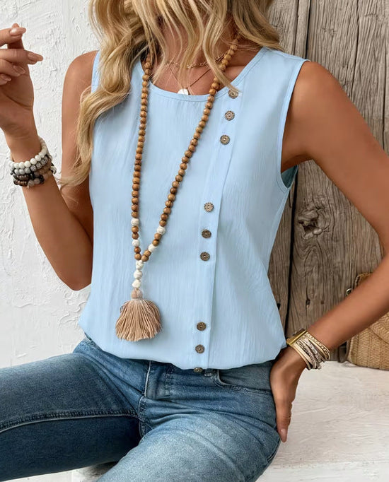 Elegant Casual And Fashionable Loose-fit Cotton-linen Tank Top With A Round Neck 
