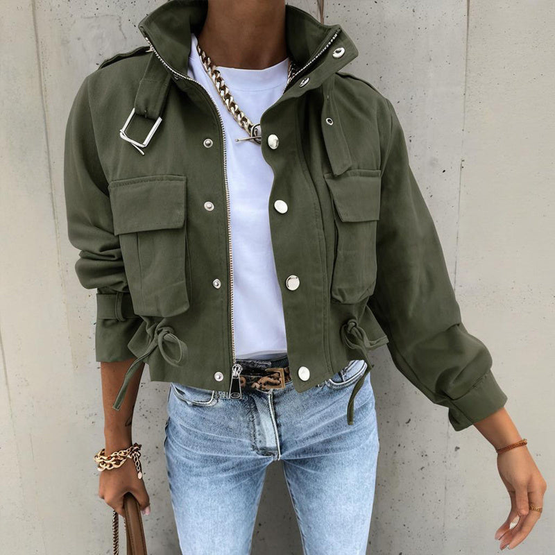 Women's Stand Collar Long Sleeve Jacket With Button & Zipper Closure - Two Large Pockets & Drawstring Hem Casual Short Jacket For Spring&Fall CJ US
