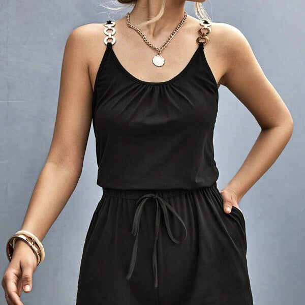 Ladies' Solid Color Chain Decoration, Front Knot Suspender, Pleated Detail Vest, Slanted Pocket, Short Lace Up Jumpsuit CJ US