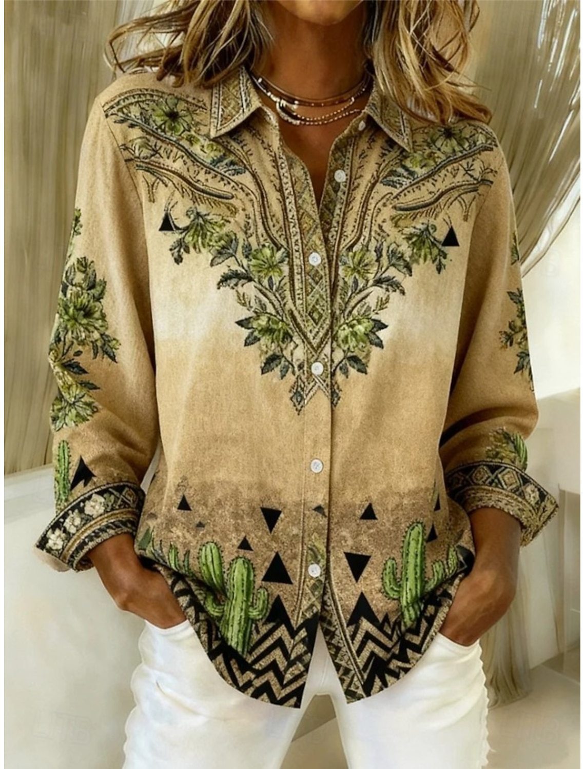 Womens Loose-Fitting Long-Sleeve Lapel-Neck Printed Shirt 