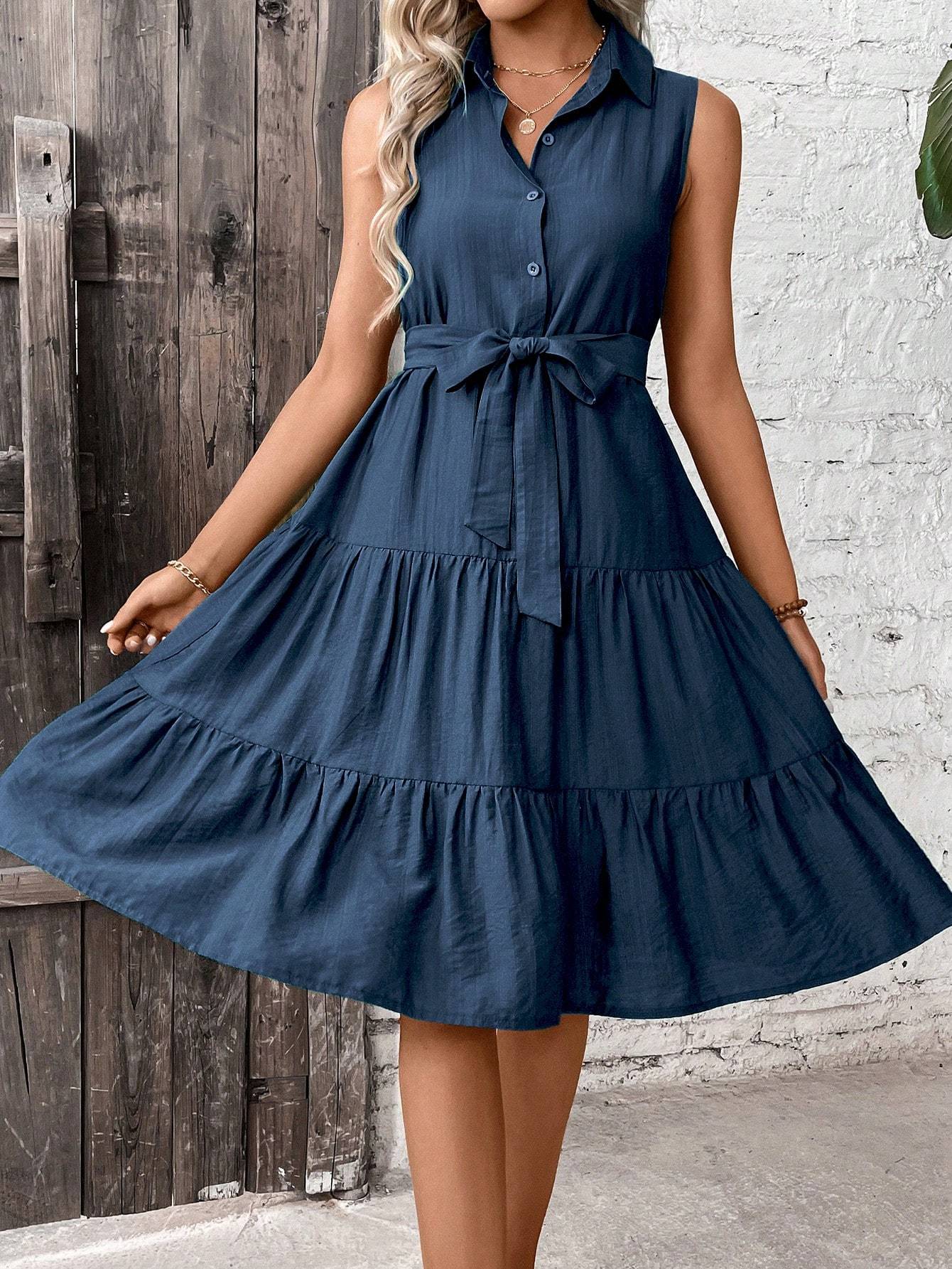 Ruffle Hem Belted Shirt Dress Maxi Vacation Beach Outfits Women FitiqueFit