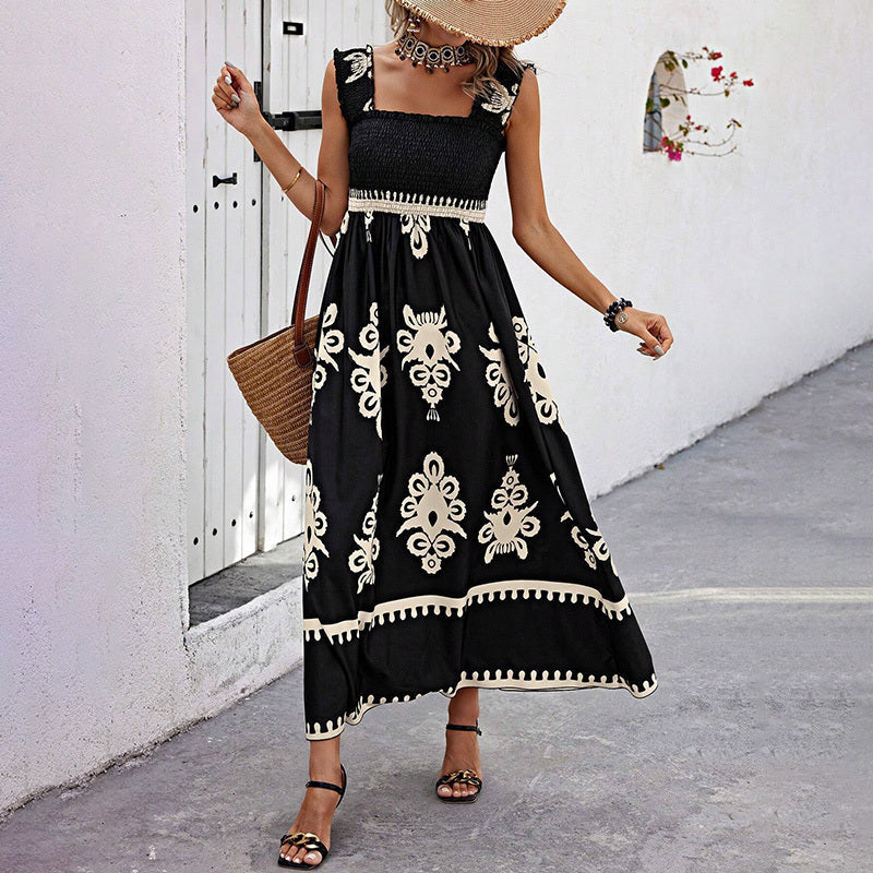 Women's Wide Strap Printed Maxi Dress With Bust Pleats, A-Line Vacation Dress CJ US