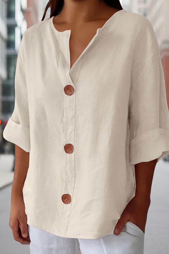Women's V-neck cotton and linen buttoned blouse 