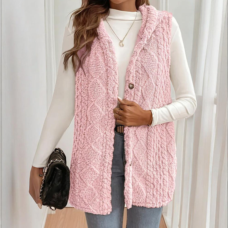 Women's Textured Sleeveless Hooded Vest, Button-Front Layering Piece For Fall & Winter Outfits CJ US