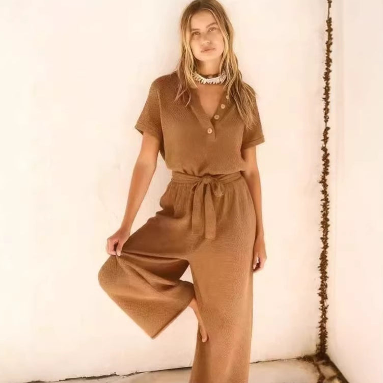 New Womens V-neck Buttoned Short-sleeve Wide-leg Pants With A Tie 