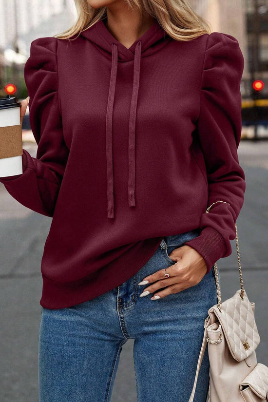 Autumn New Arrival Casual Minimalist Puff Sleeve Drawstring Hoodie Slim Fit Commuter Basic Long Sleeve Sweatshirt CJ US