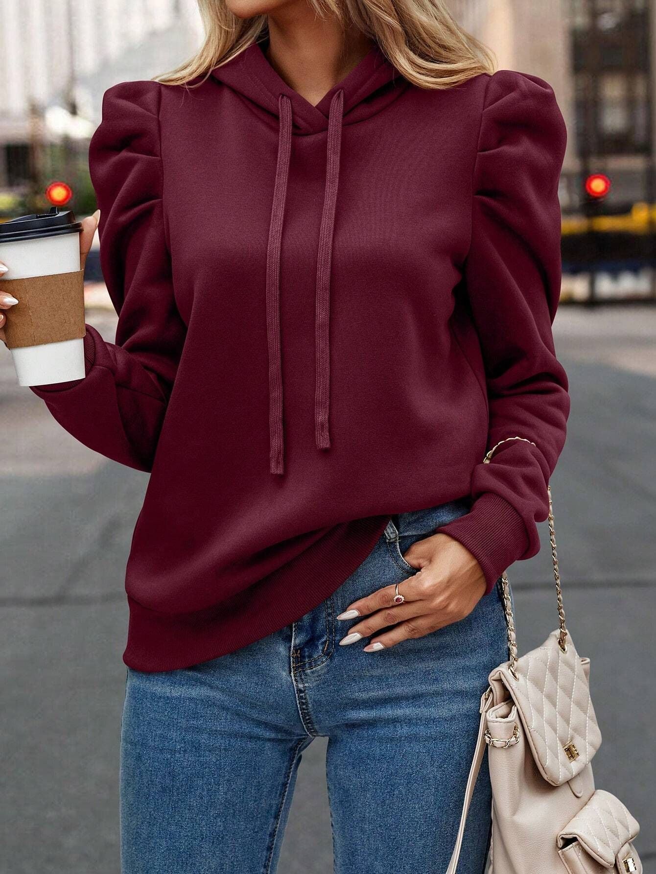 Autumn New Arrival Casual Minimalist Puff Sleeve Drawstring Hoodie Slim Fit Commuter Basic Long Sleeve Sweatshirt CJ US