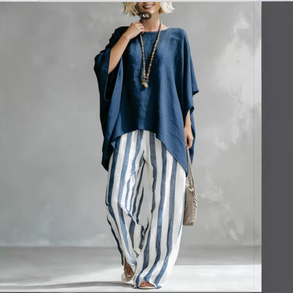 New Striped Batwing-Sleeve Loose Cotton-Linen Two-Piece Set 