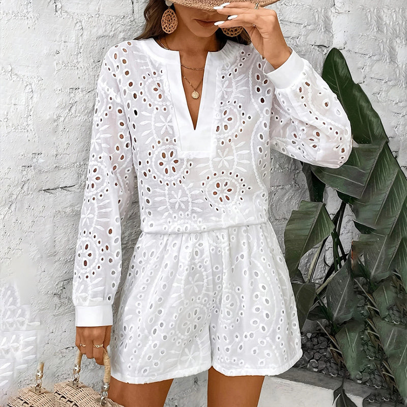 Women's Solid Color Elegant V-Neck Lace Long Sleeve Blouse & Shorts Set - Summer Casual Minimalist Outfit CJ US