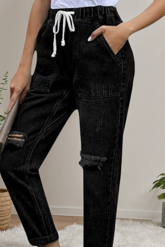 2025 New Women's Casual Set Wearing Distressed Stretch Jeans, Elastic Waisted Jeans, Denim Jogging Pants CJ US