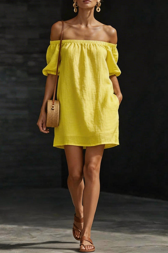 Cotton-linen Womens Off-shoulder Fashionable Loose-fitting Dress 