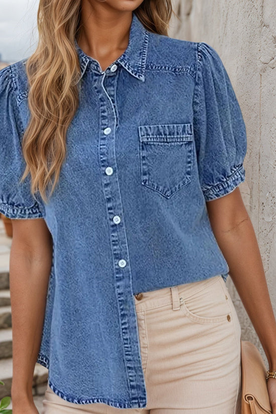 Women's Retro Washed Denim Shirt, Loose Fitting Short Sleeves, Paired With Eye-catching Bubble Sleeves And Sweetheart Collar Retro Button Up Top, Suitable For Brunch Dates And Gallery Opening Ceremoni CJ US