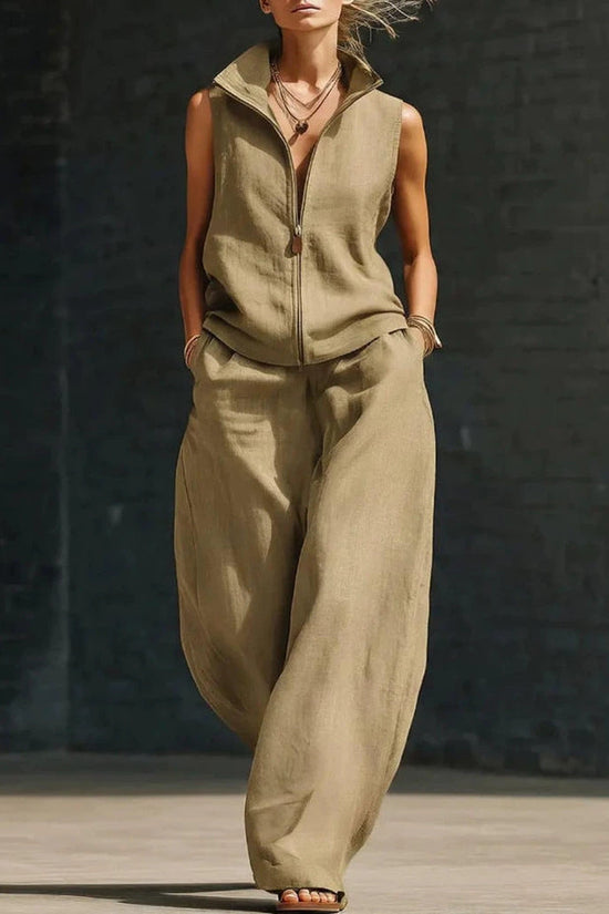 Sleeveless Stand Collar Zippered Linen Cotton Two-Piece Set 