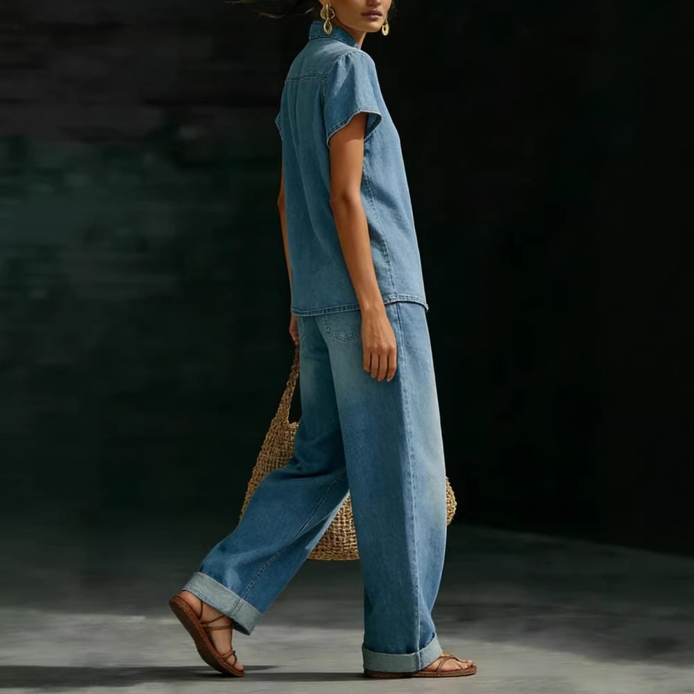 Solid-color Short-sleeve Casual Loose-fit Faux Denim Two-piece Set 
