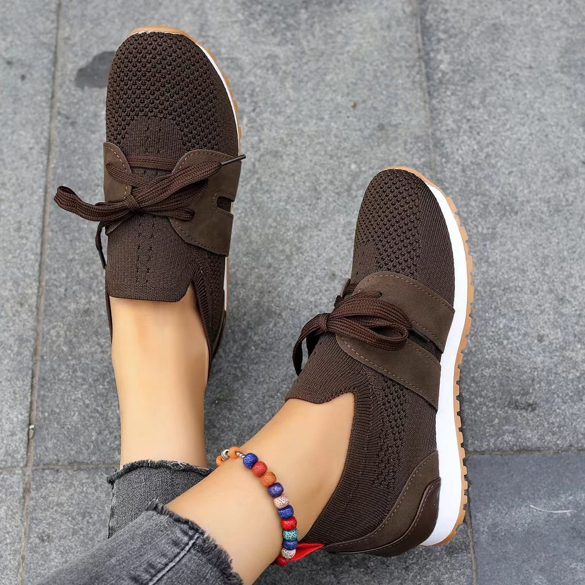New Lace Up Mesh Flats Shoes For Women Breathable Casual Breathable Walking Wedges Shoes CJ US