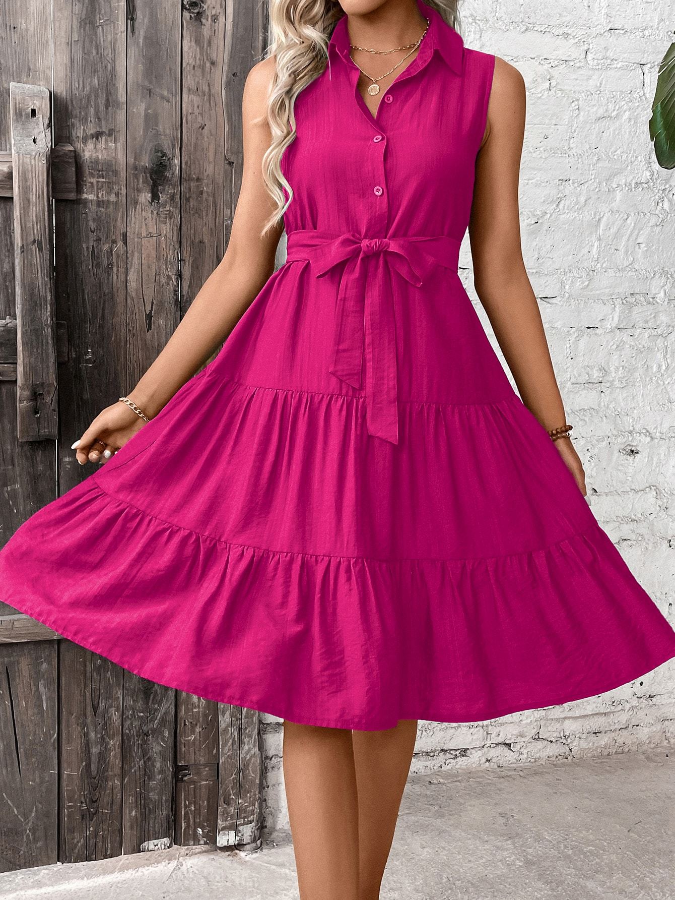 Ruffle Hem Belted Shirt Dress Maxi Vacation Beach Outfits Women FitiqueFit