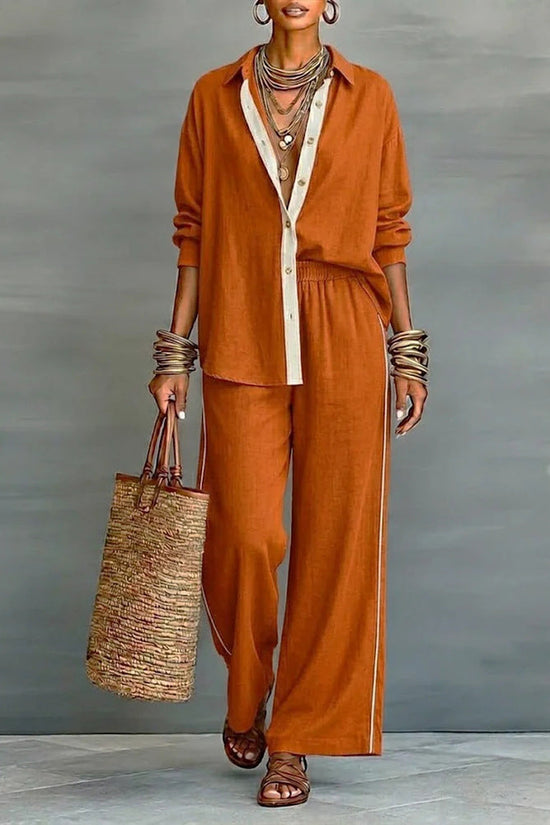Contrast-color Casual Solid-color Loose Pants Two-piece Set 