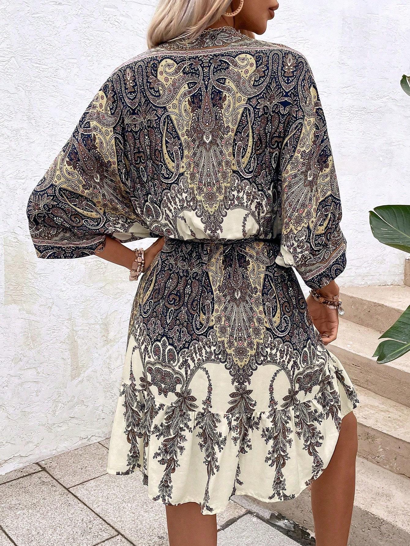 Paisley Print Batwing Sleeve Tassel Tie Front Ruffle Hem Dress CJ US