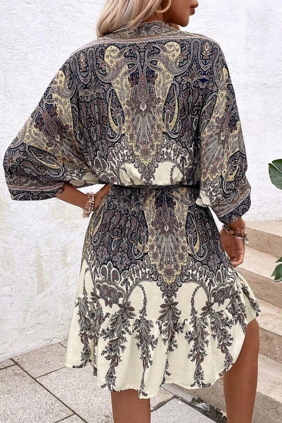 Paisley Print Batwing Sleeve Tassel Tie Front Ruffle Hem Dress CJ US