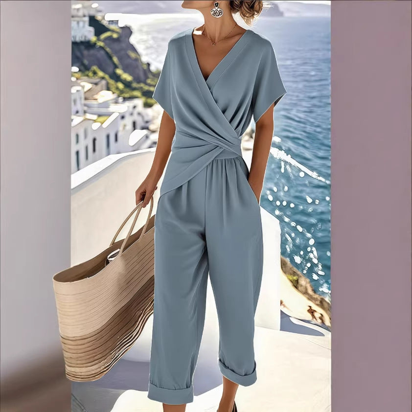 Women's Casual Fashion Solid Color Irregular Short-Sleeve Set 