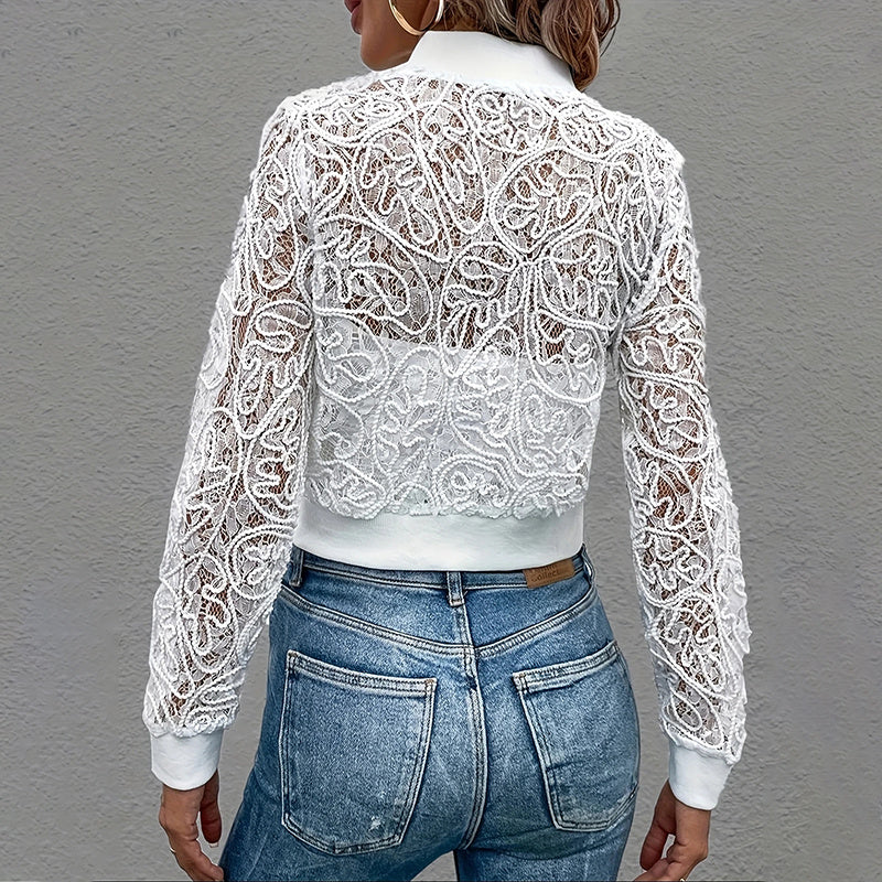 Women's Elegant Lace Short Zip-Up Long Sleeve Jacket For Formal & Everyday Outfits Spring Fall Top CJ US