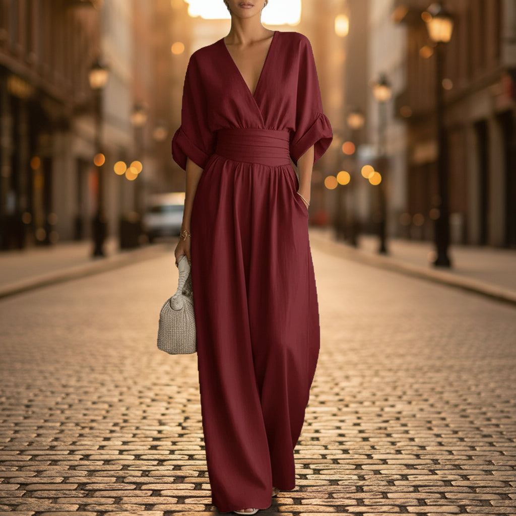 Summer Short-sleeved Jumpsuit Fashion Casual V-Neck Wide-Leg Pants Womens Clothing 
