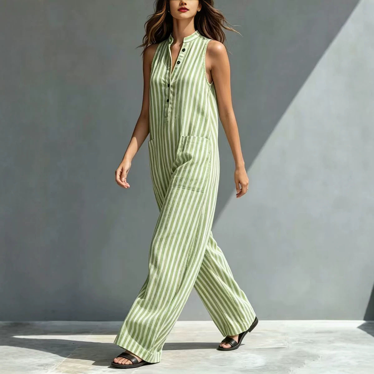 Fashionable Loose V-Neck Long Striped Jumpsuit 