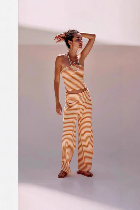 Printed Striped Tube Top And Pants Set 