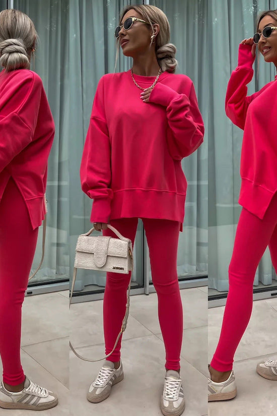 Sweater Suit Women's Casual Loose Long Sleeve Crew Neck Split Top Tight Trousers 