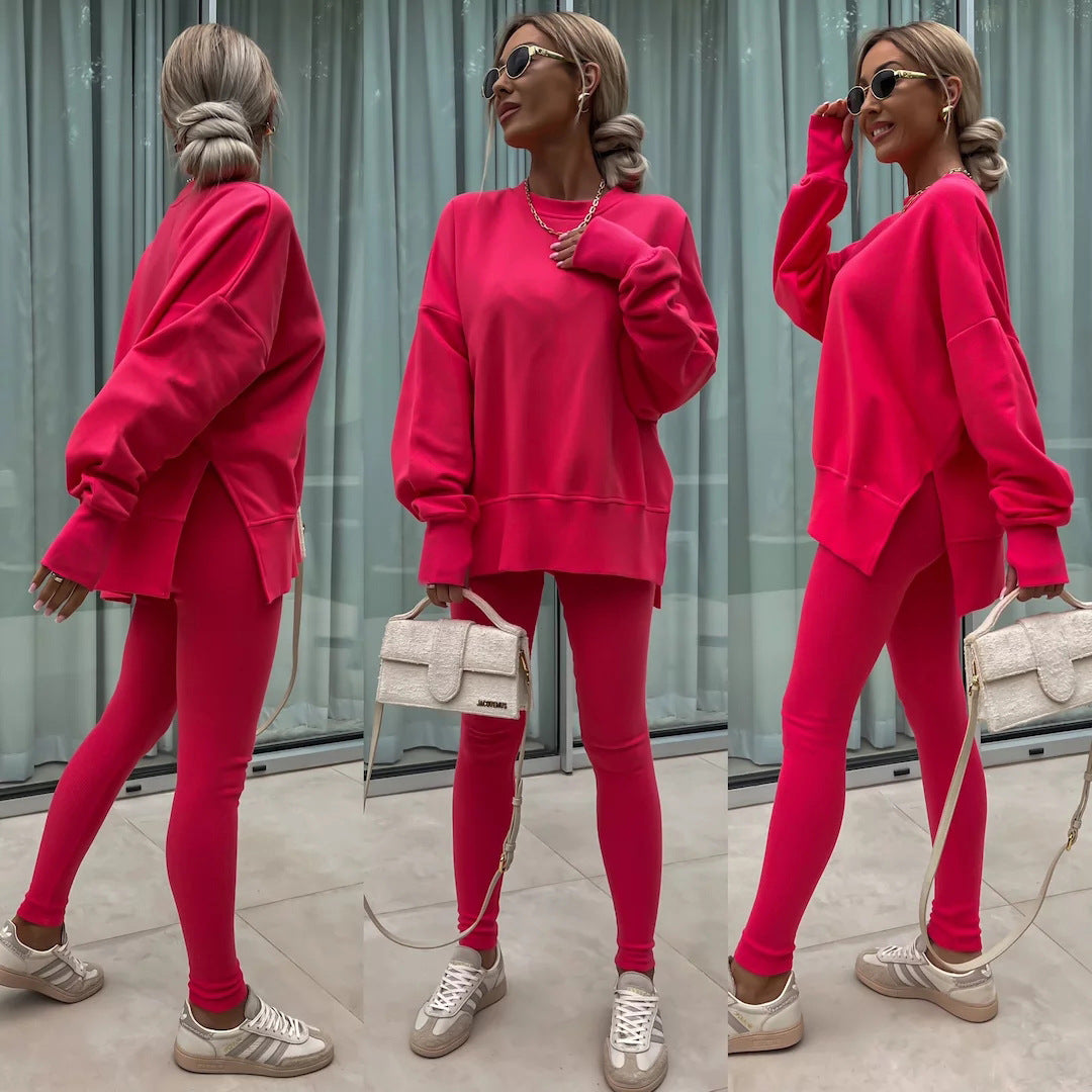 Sweater Suit Women's Casual Loose Long Sleeve Crew Neck Split Top Tight Trousers 