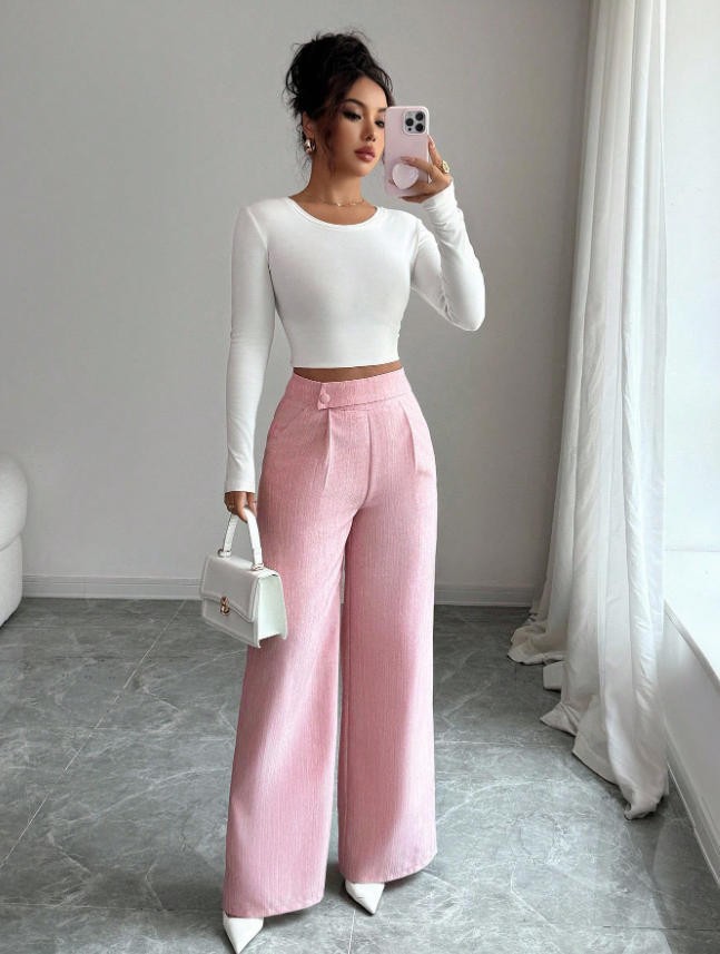 Womens Solid-color Casual All-match Long Pants With A Waist Panel Seam 