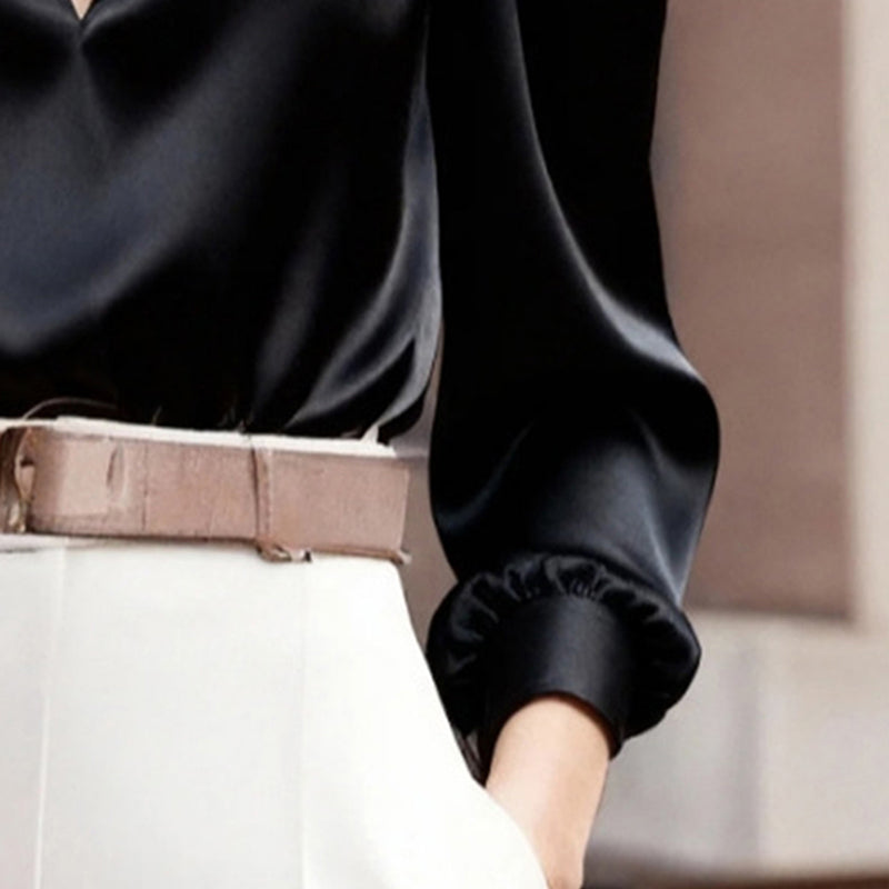 Women's Elegant V-Neck Long Sleeve Solid Color Satin Top Slim Fit Blouse For Office Party & Daily Wear 