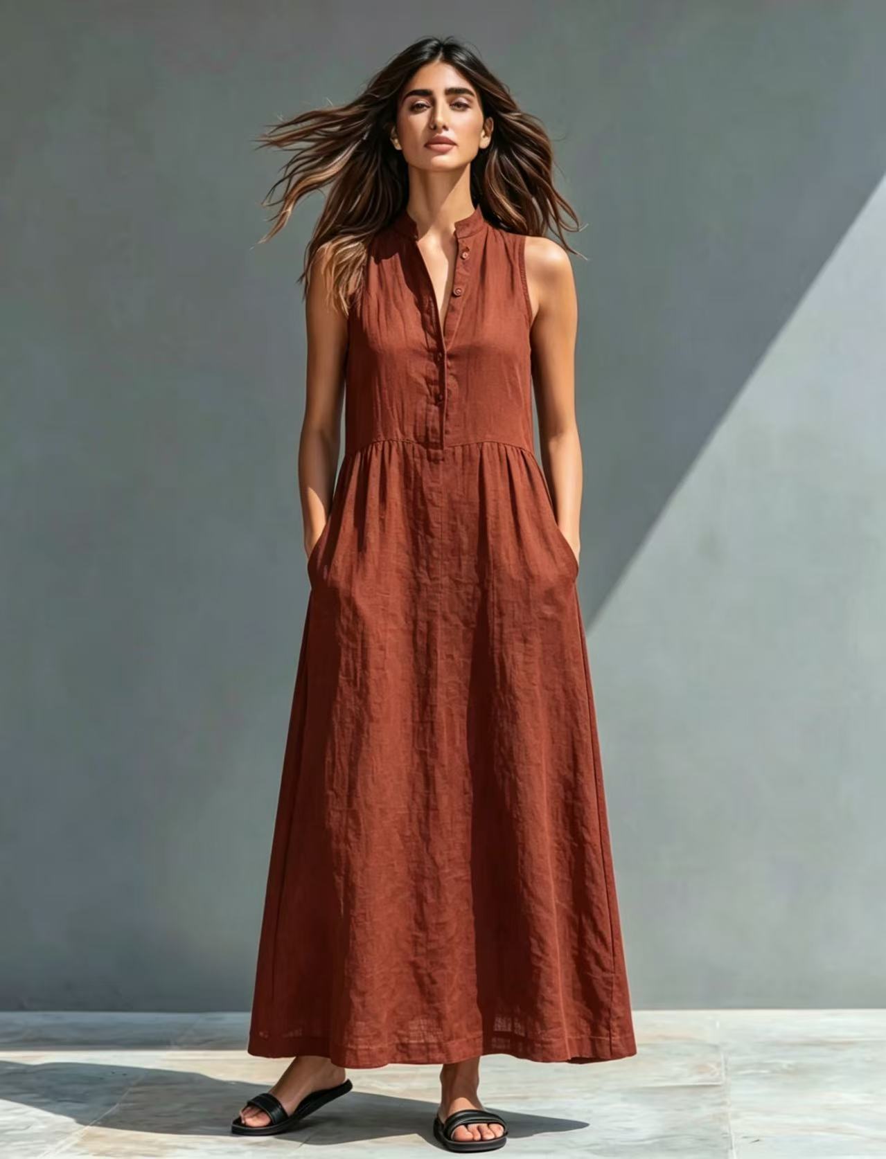 Resort-style Stand-collar Maxi Dress 