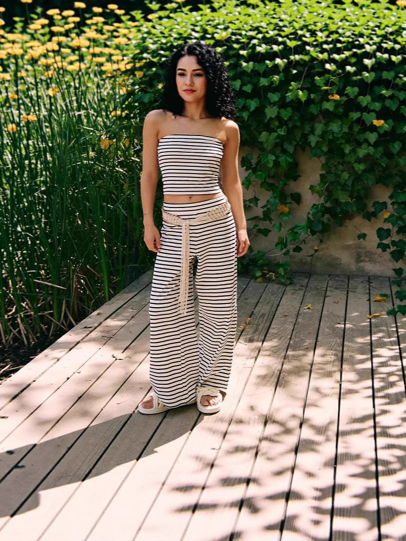 Printed Striped Tube Top And Pants Set 