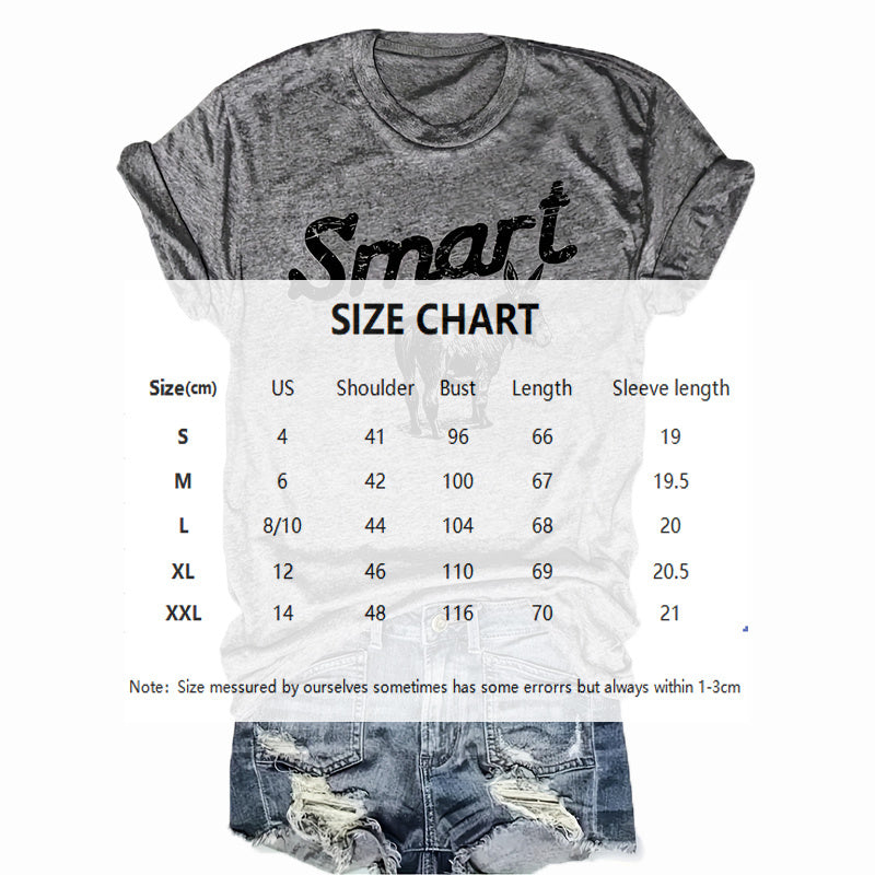 Women's Round Neck Short Sleeve T-Shirt - Donkey & 'SMART' Letter Print Casual Summer Top CJ US
