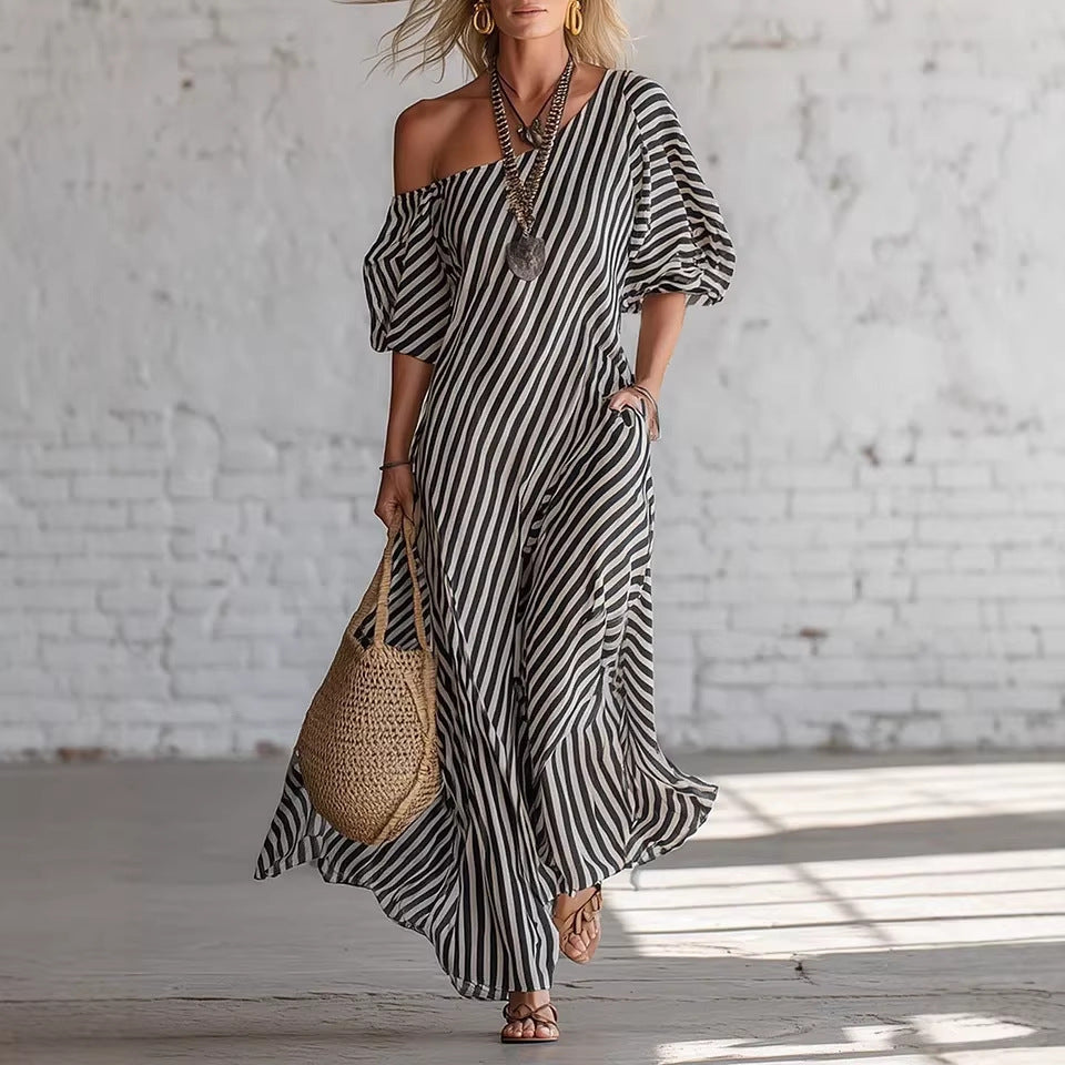 Womens Striped Off-shoulder Dress 