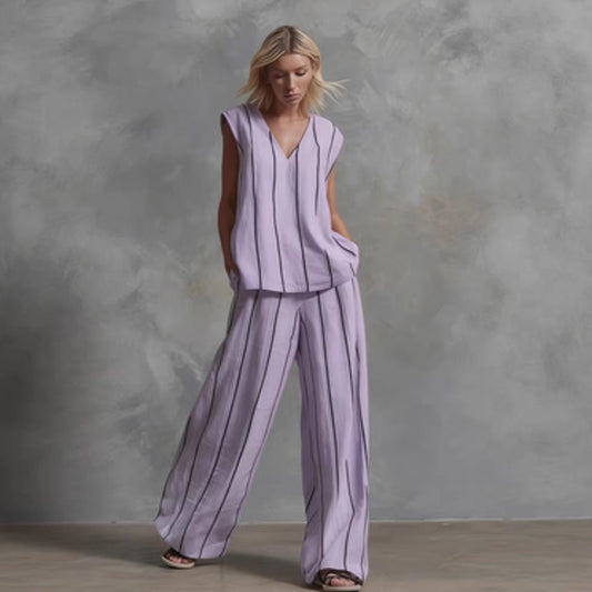 French Minimalist Black And White Vertical Stripe Loose Cotton-Linen Womens Set 
