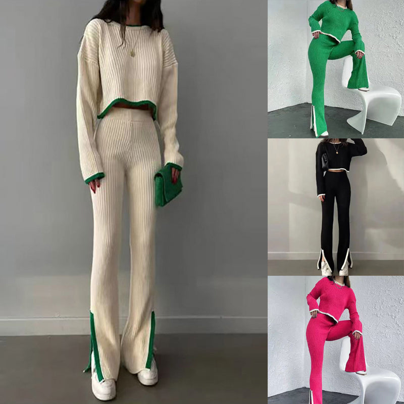 Women's Casual Color-Block Two Piece Set, Long Sleeve Crop Top With Slim Slit Pants, Spring&Autumn Comfort Outfit 