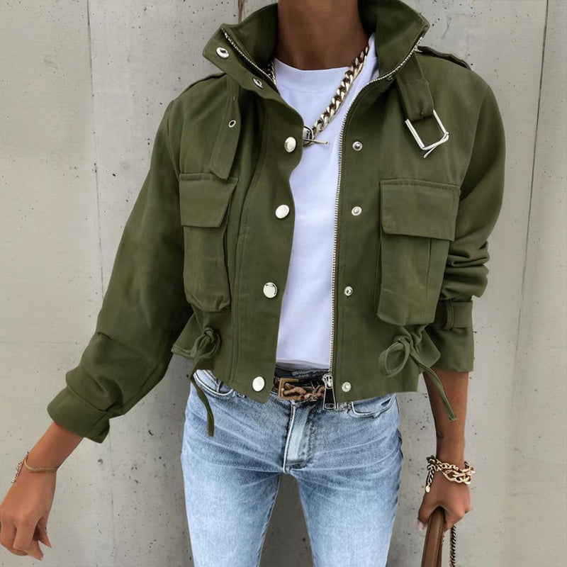 Women's Stand Collar Long Sleeve Jacket With Button & Zipper Closure - Two Large Pockets & Drawstring Hem Casual Short Jacket For Spring&Fall CJ US