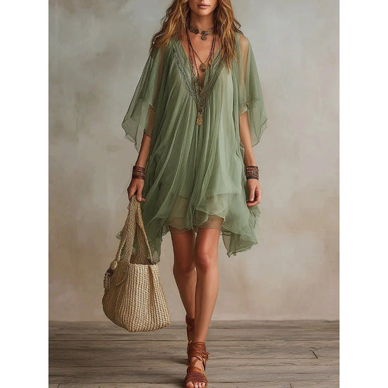 V-neck Chiffon Loose-fitting Resort Blouse And Beach Skirt 