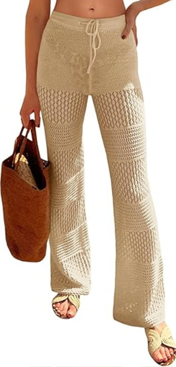Saodimallsu Womens Beach Cover Up Pants Boho Crochet Knit High Waist Drawstring Sheer Hollow Swim Pant Swimwear CJ US