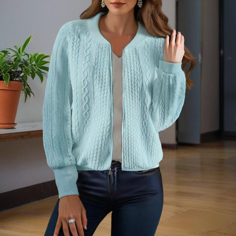 Women's Solid Color Jacquard Short Sleeve Casual Jacket Baseball Collar With Zipper Spring & Fall Lightweight Outerwear CJ US