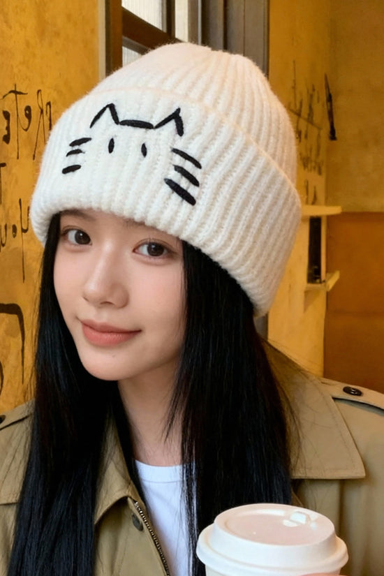 Women’s Cute Cat Line Design Knitted Hat – Warm Fall & Winter Beanie - FitiqueFit