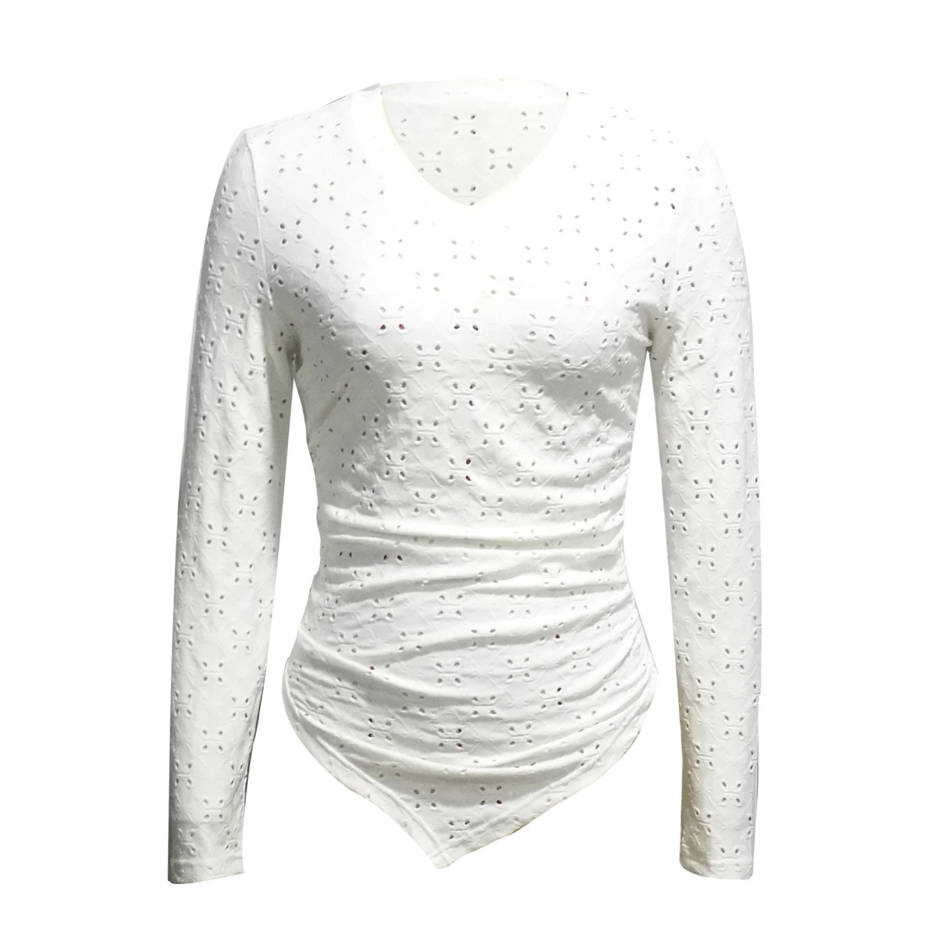 Ladies' Hollowed Out V-neck Fashionable Versatile Shopping Party Hem Irregular Design Elegant Long Sleeved T-shirt Top CJ