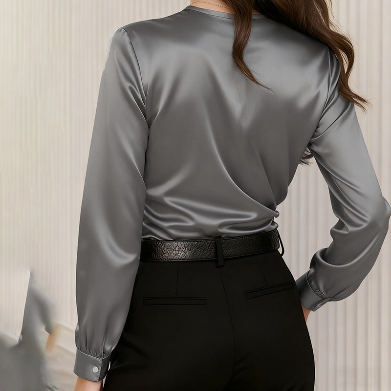 Women's Elegant Cross V-Neck Blouse, Ruffle Detail Button Accent Office Shirt For Casual Wear 