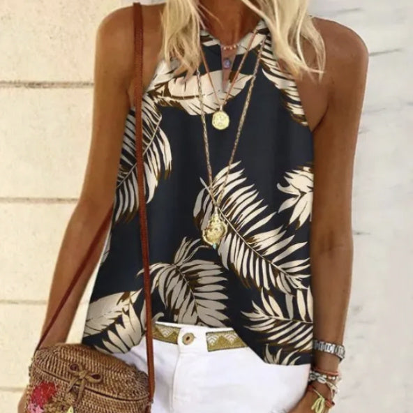 Women's V-neck Printed Off Shoulder Vacation Essential Vest Top CJ US