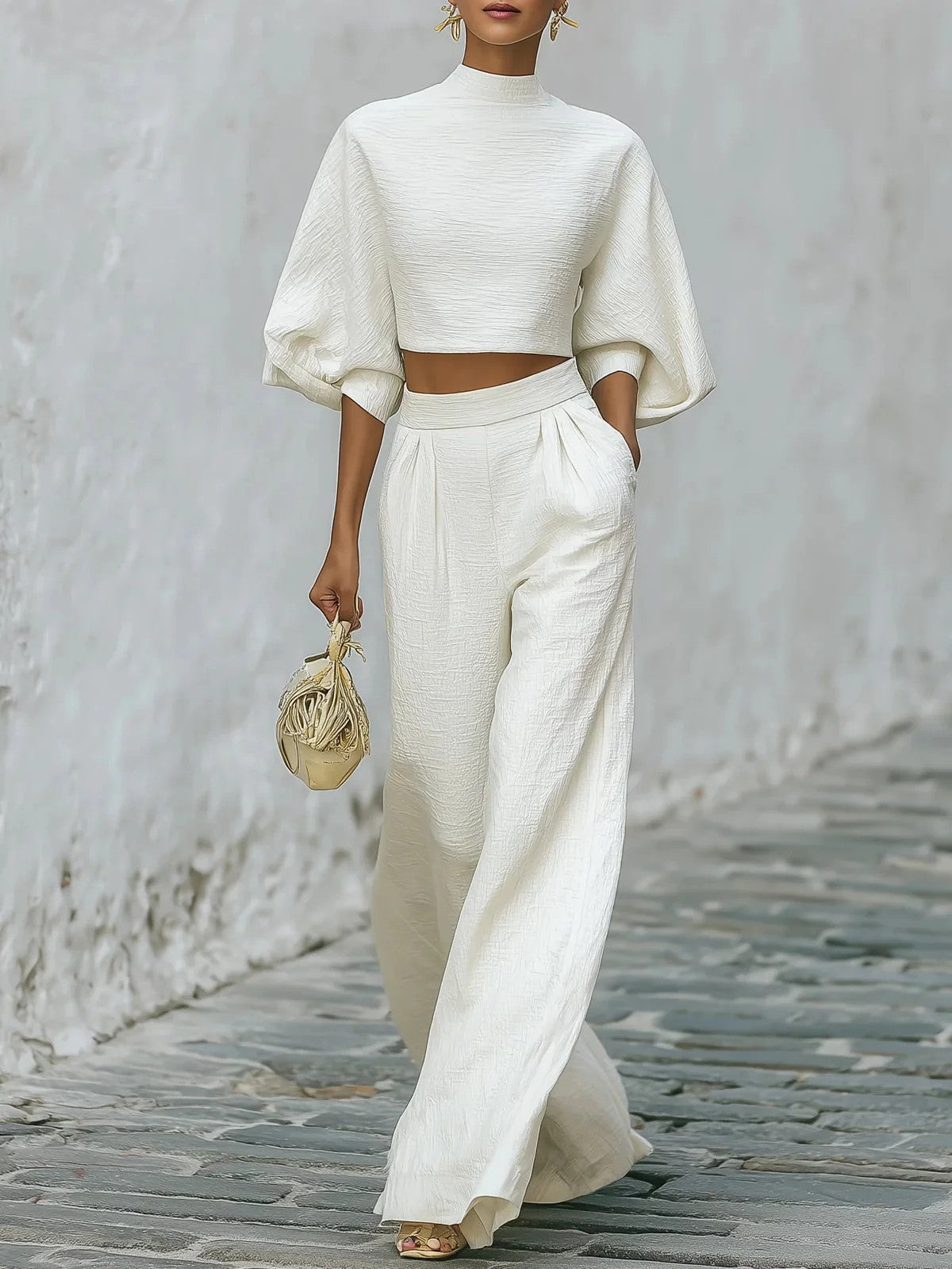 Womens Short Top And High-Waisted Casual Pants Two-Piece Set 